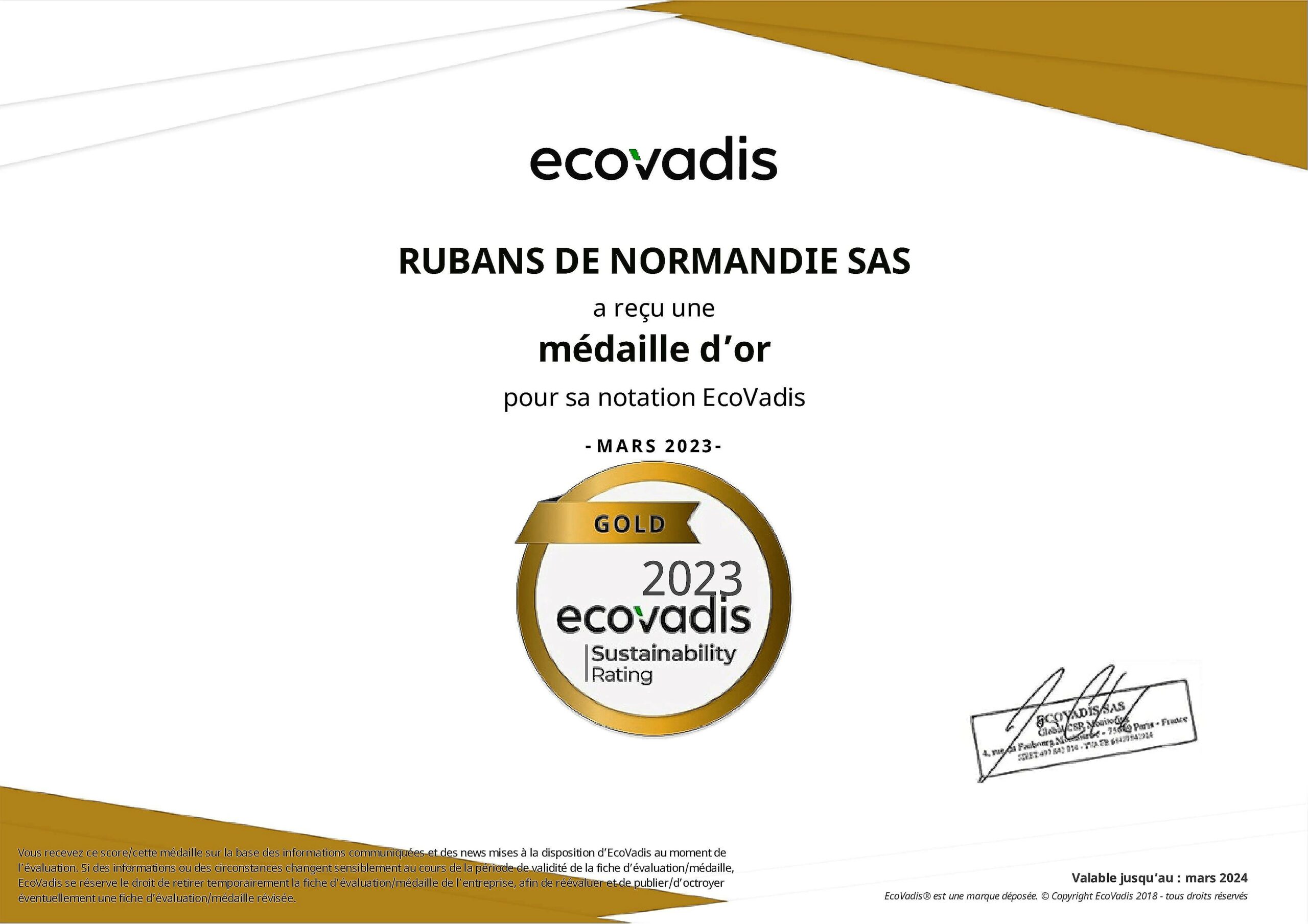 RUBANS DE NORMANDIE EcoVadis Rating Certificate 2023